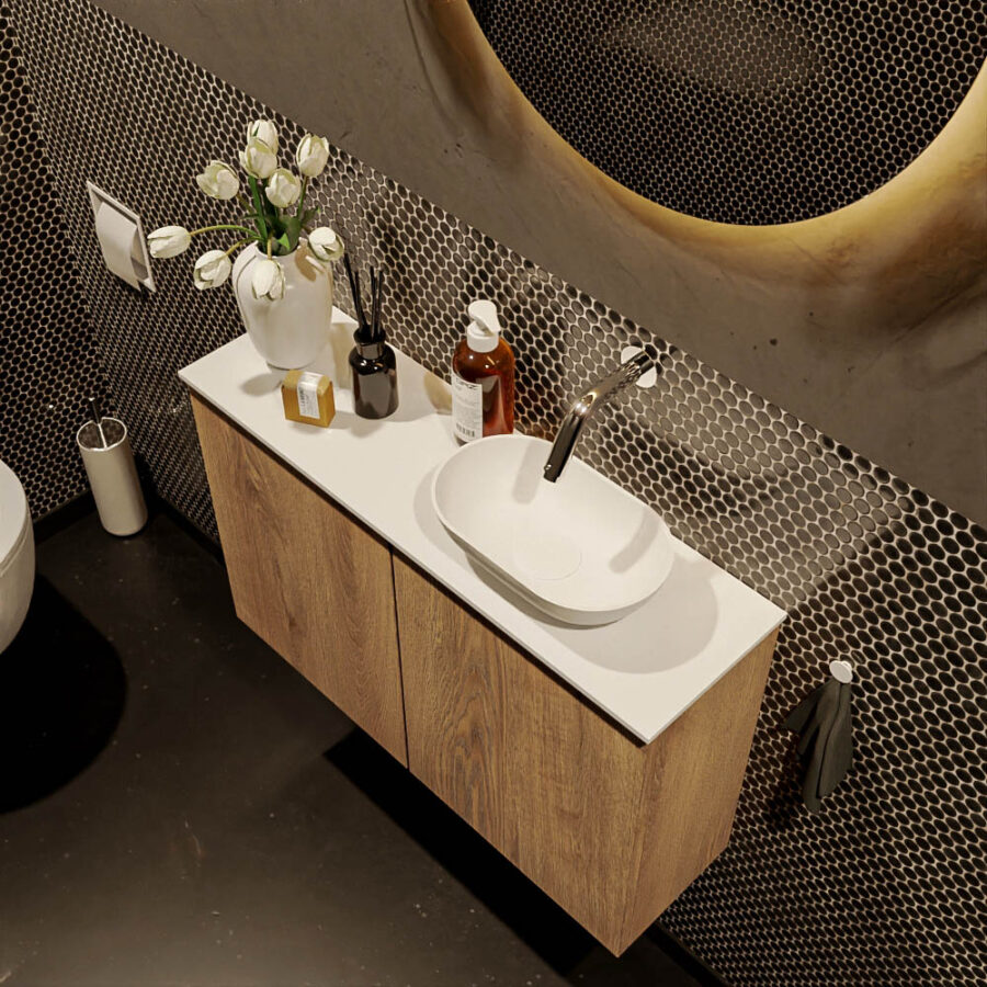 MONDIAZ FOWY toiletmeubel 80cm kleur washed oak. Waskom positie rechts kleur talc | talc. Zonder kraangat - Afbeelding 3