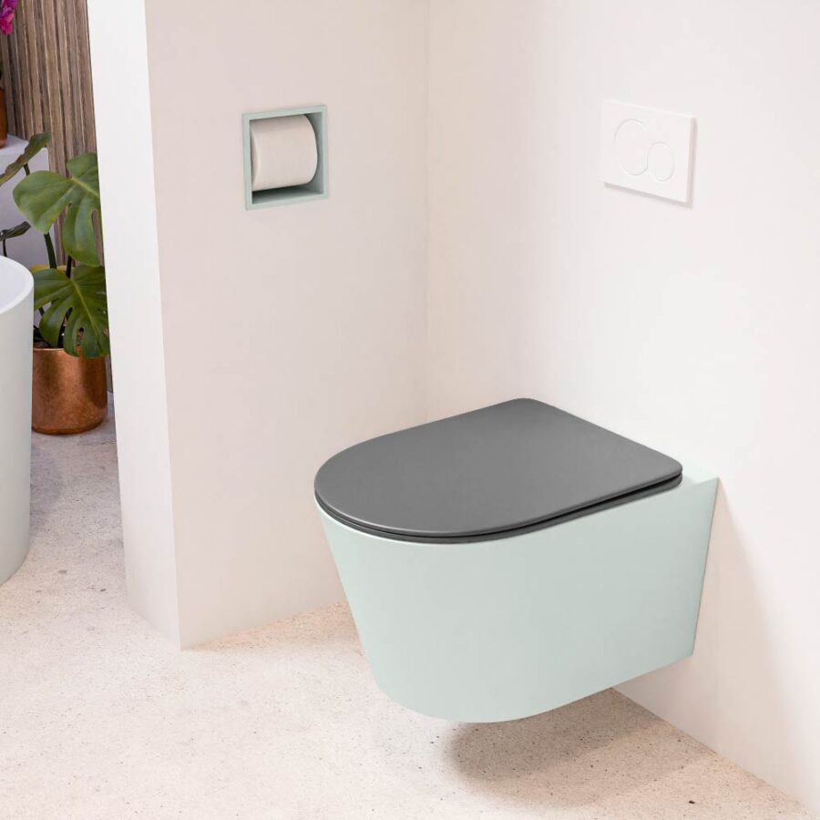MONDIAZ LAVIE hangend toilet single fire rimless diepspoel Greey. Toiletzitting met quick-release & softclose Dark Grey.