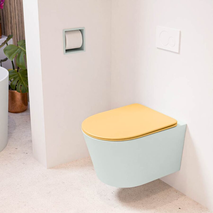 MONDIAZ LAVIE hangend toilet single fire rimless diepspoel Greey. Toiletzitting met quick-release & softclose Ocher.