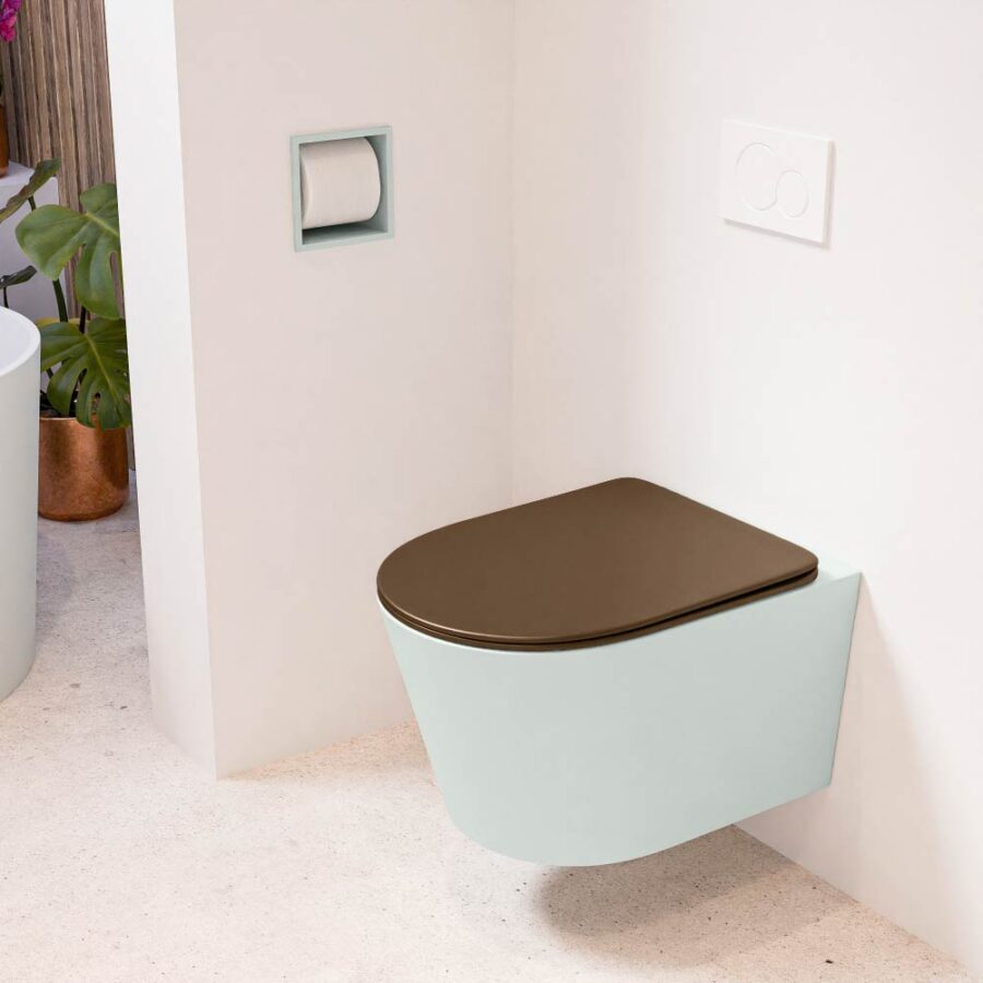 MONDIAZ LAVIE hangend toilet single fire rimless diepspoel Greey. Toiletzitting met quick-release & softclose Rust.