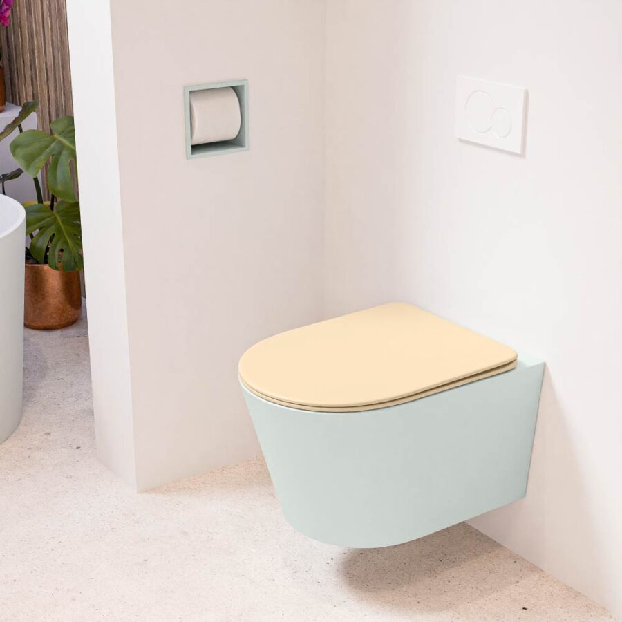 MONDIAZ LAVIE hangend toilet single fire rimless diepspoel Greey. Toiletzitting met quick-release & softclose Sand.