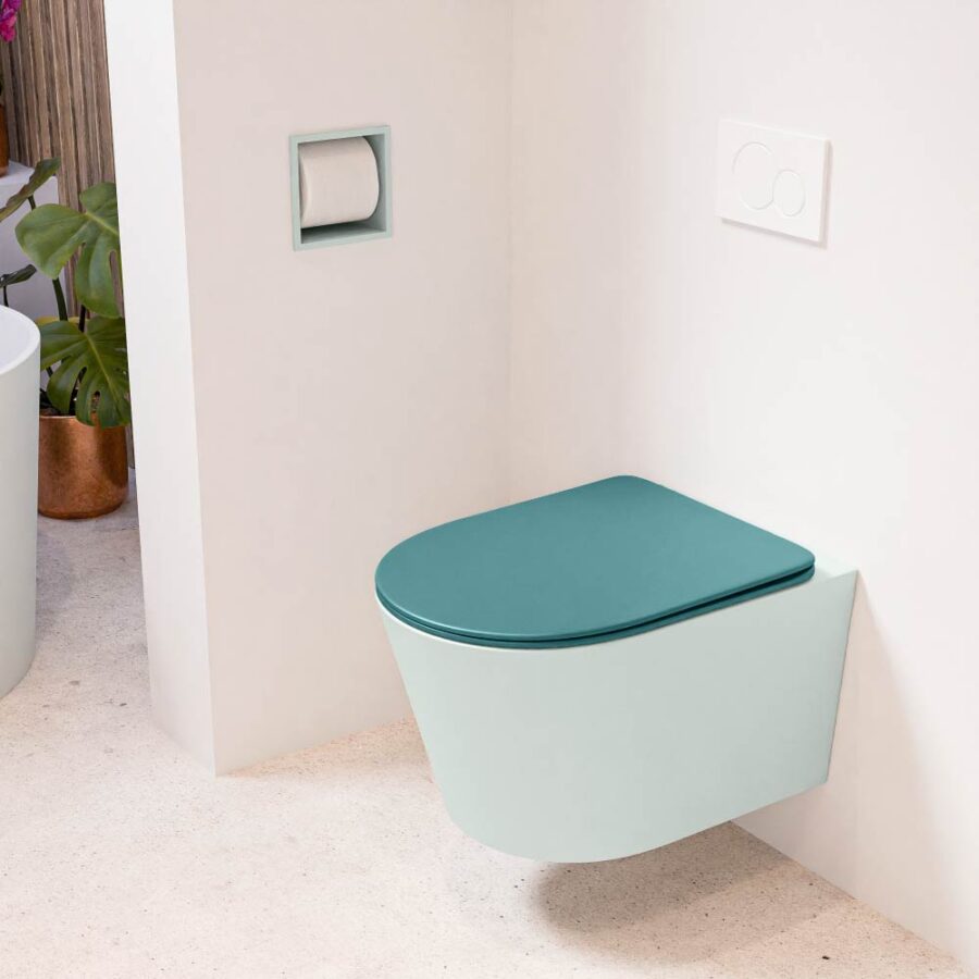 MONDIAZ LAVIE hangend toilet single fire rimless diepspoel Greey. Toiletzitting met quick-release & softclose Smag.