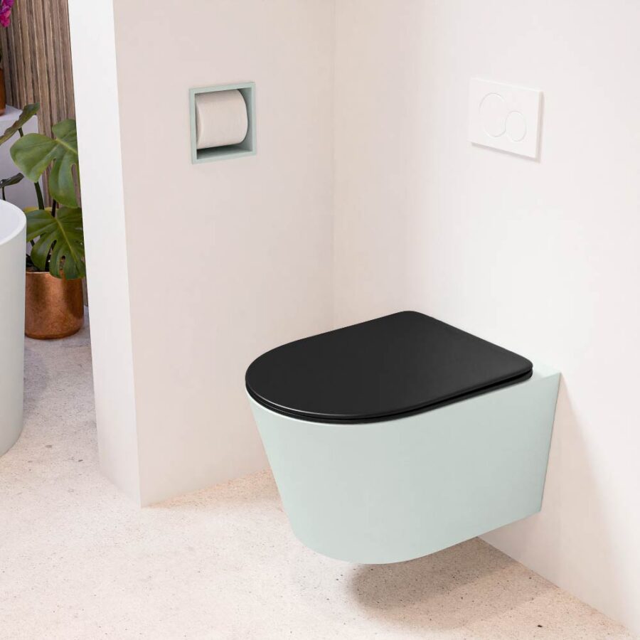 MONDIAZ LAVIE hangend toilet single fire rimless diepspoel Greey. Toiletzitting met quick-release & softclose Urban.