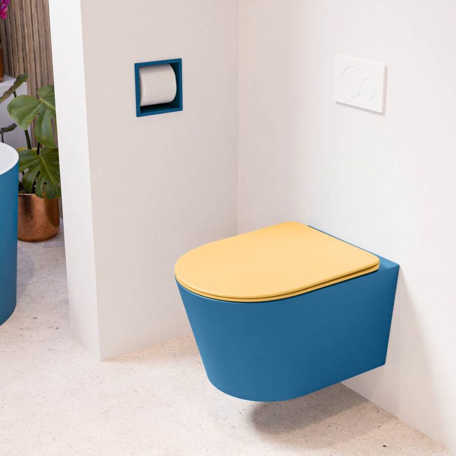 MONDIAZ LAVIE hangend toilet single fire rimless diepspoel Jeans. Toiletzitting met quick-release & softclose Ocher.