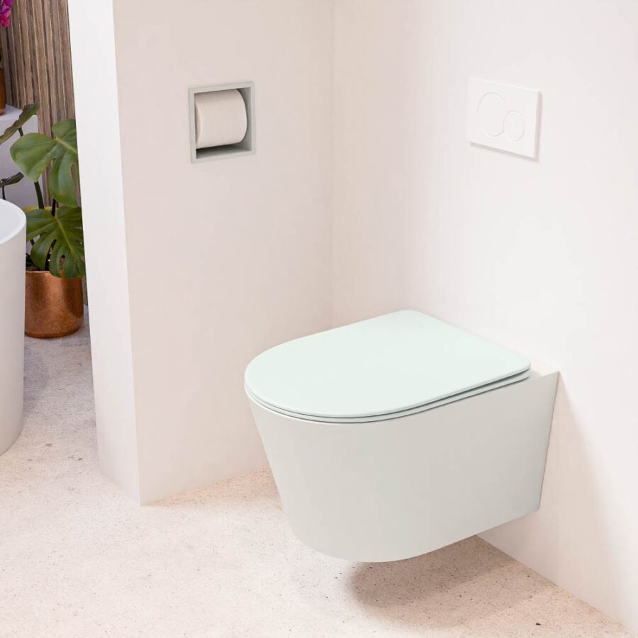 MONDIAZ LAVIE hangend toilet single fire rimless diepspoel Linen. Toiletzitting met quick-release & softclose Greey.