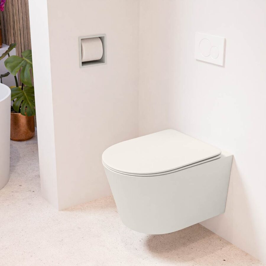 MONDIAZ LAVIE hangend toilet single fire rimless diepspoel Linen. Toiletzitting met quick-release & softclose Linen.