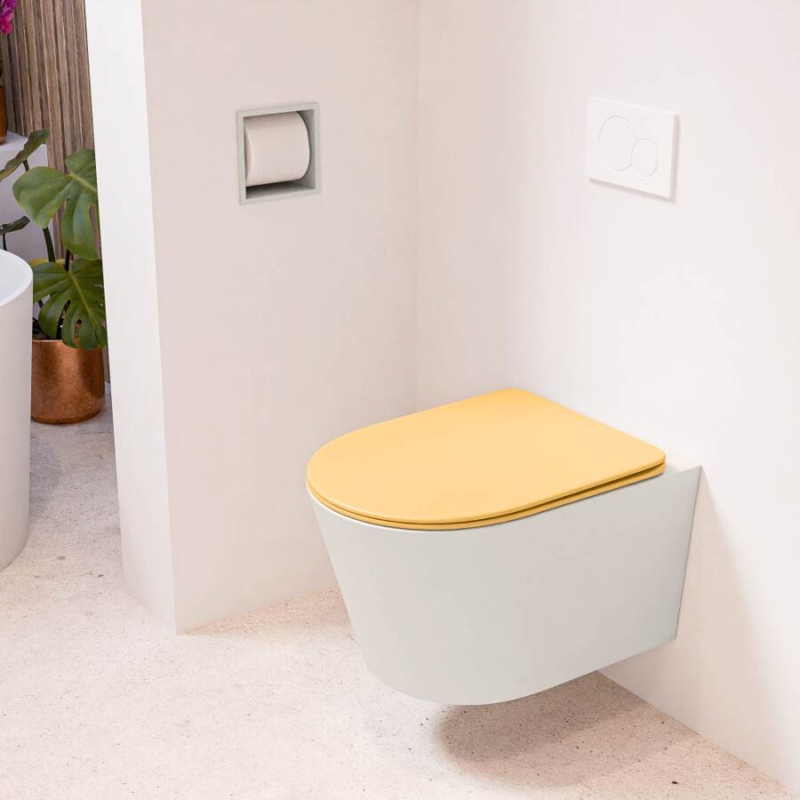 MONDIAZ LAVIE hangend toilet single fire rimless diepspoel Linen. Toiletzitting met quick-release & softclose Ocher.