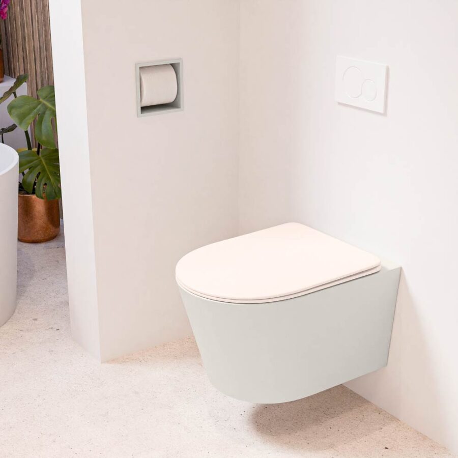 MONDIAZ LAVIE hangend toilet single fire rimless diepspoel Linen. Toiletzitting met quick-release & softclose Rosee.