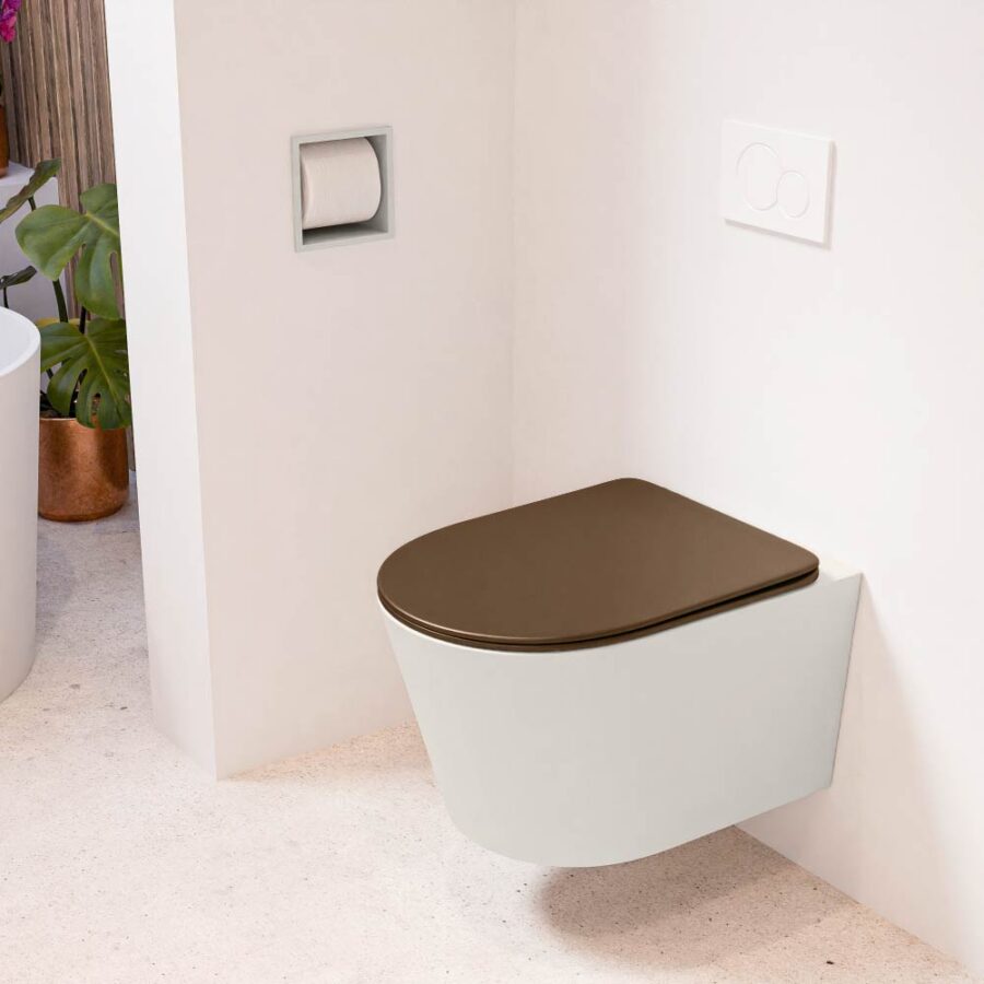 MONDIAZ LAVIE hangend toilet single fire rimless diepspoel Linen. Toiletzitting met quick-release & softclose Rust.
