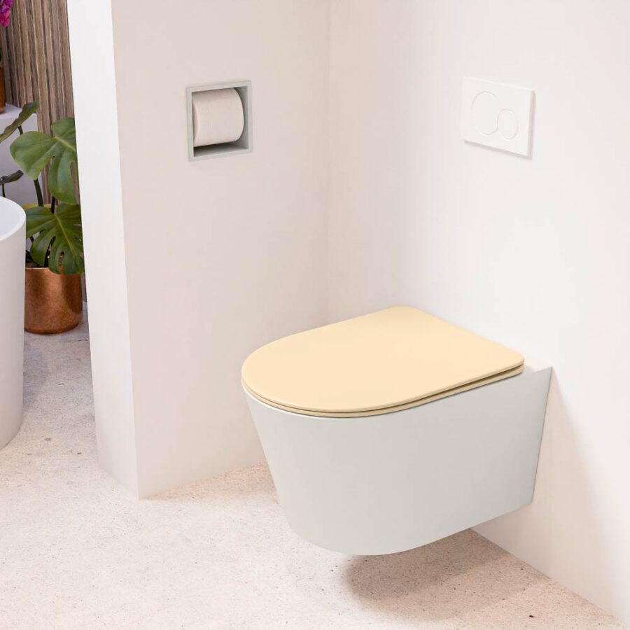 MONDIAZ LAVIE hangend toilet single fire rimless diepspoel Linen. Toiletzitting met quick-release & softclose Sand.