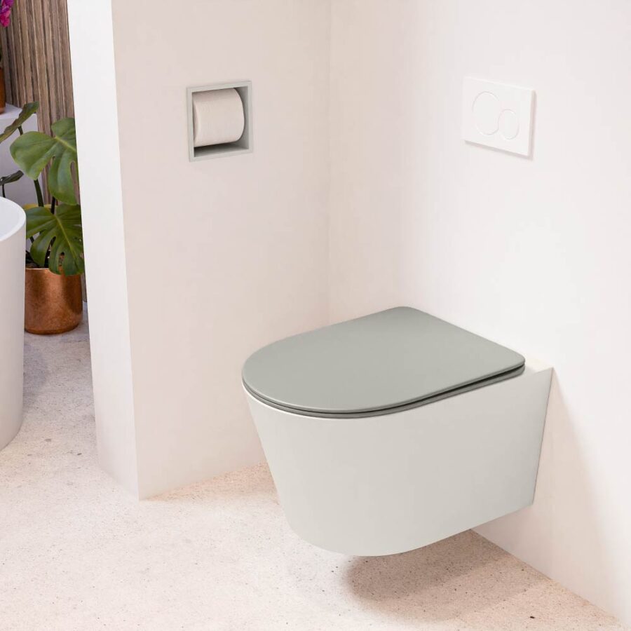 MONDIAZ LAVIE hangend toilet single fire rimless diepspoel Linen. Toiletzitting met quick-release & softclose Smoke.