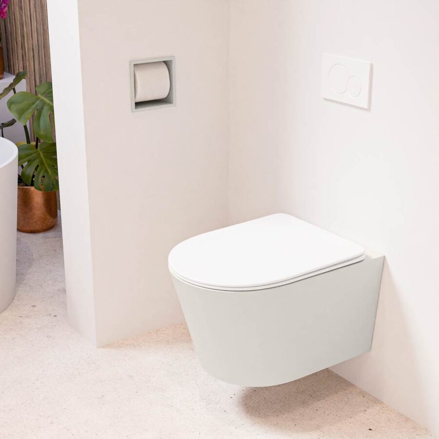 MONDIAZ LAVIE hangend toilet single fire rimless diepspoel Linen. Toiletzitting met quick-release & softclose Talc.