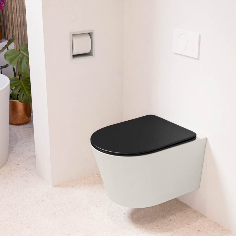 MONDIAZ LAVIE hangend toilet single fire rimless diepspoel Linen. Toiletzitting met quick-release & softclose Urban.