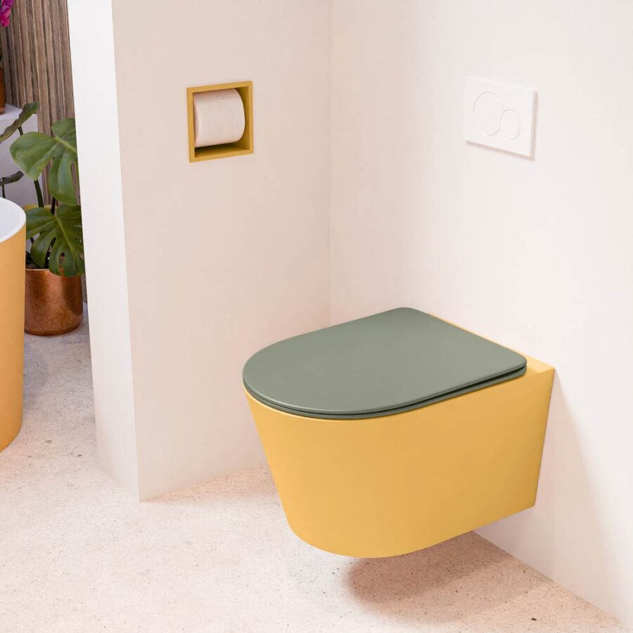 MONDIAZ LAVIE hangend toilet single fire rimless diepspoel Ocher. Toiletzitting met quick-release & softclose Army.