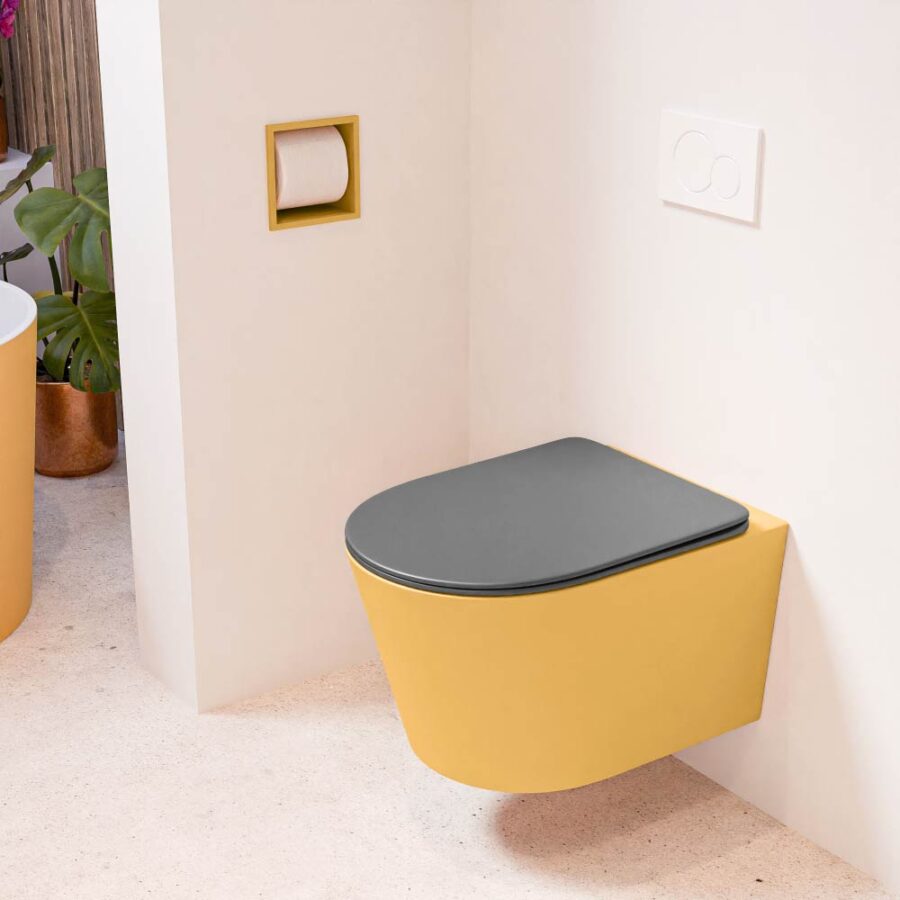 MONDIAZ LAVIE hangend toilet single fire rimless diepspoel Ocher. Toiletzitting met quick-release & softclose Dark Grey.