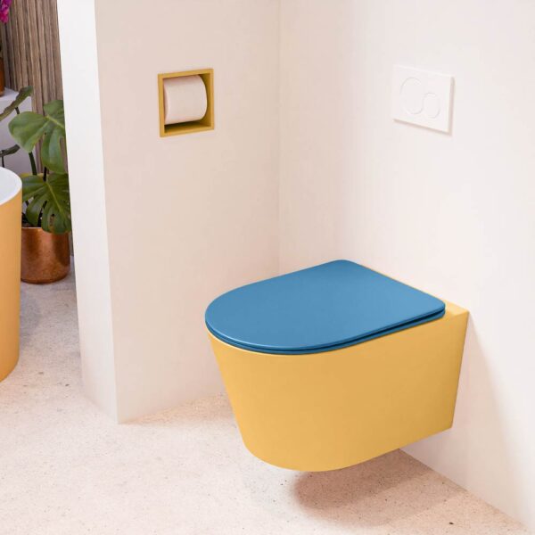 MONDIAZ LAVIE hangend toilet single fire rimless diepspoel Ocher. Toiletzitting met quick-release & softclose Jeans.