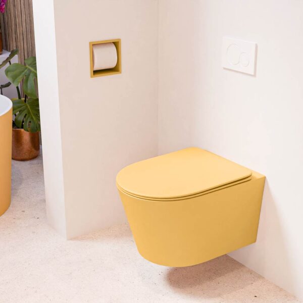 MONDIAZ LAVIE hangend toilet single fire rimless diepspoel Ocher. Toiletzitting met quick-release & softclose Ocher.