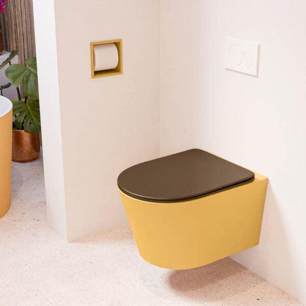 MONDIAZ LAVIE hangend toilet single fire rimless diepspoel Ocher. Toiletzitting met quick-release & softclose Rust.