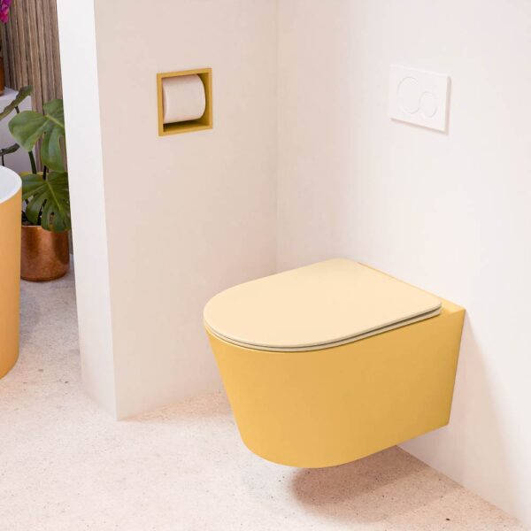 MONDIAZ LAVIE hangend toilet single fire rimless diepspoel Ocher. Toiletzitting met quick-release & softclose Sand.