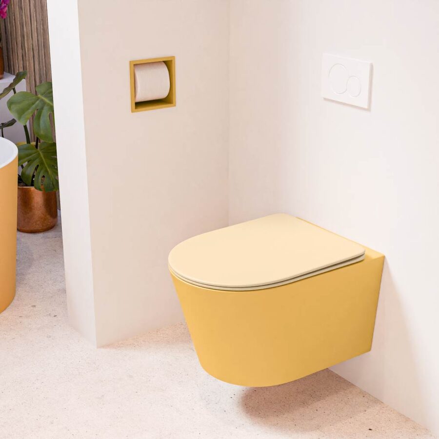 MONDIAZ LAVIE hangend toilet single fire rimless diepspoel Ocher. Toiletzitting met quick-release & softclose Sand.