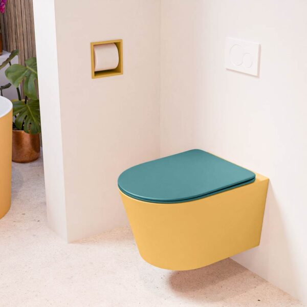 MONDIAZ LAVIE hangend toilet single fire rimless diepspoel Ocher. Toiletzitting met quick-release & softclose Smag.