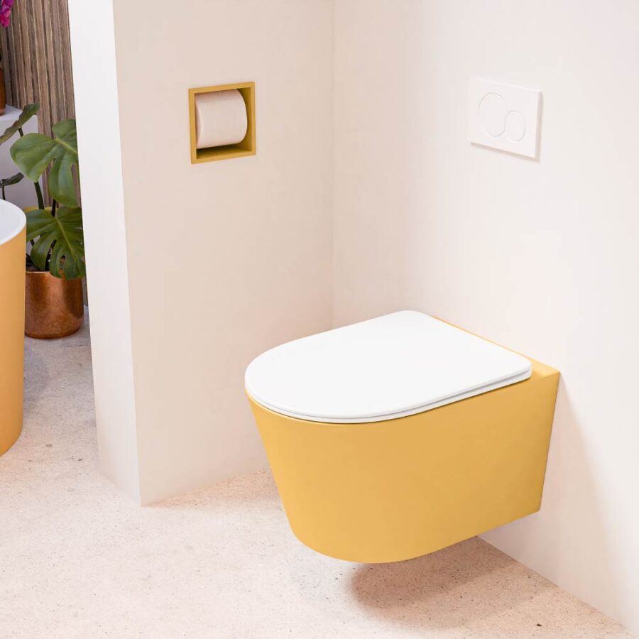 MONDIAZ LAVIE hangend toilet single fire rimless diepspoel Ocher. Toiletzitting met quick-release & softclose Talc.