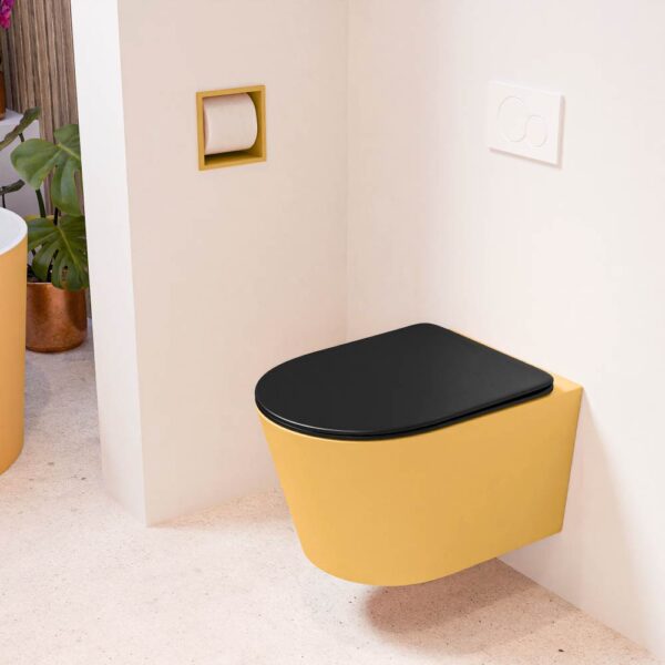 MONDIAZ LAVIE hangend toilet single fire rimless diepspoel Ocher. Toiletzitting met quick-release & softclose Urban.