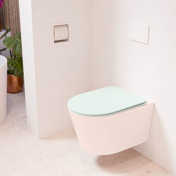 MONDIAZ LAVIE hangend toilet single fire rimless diepspoel Rosee. Toiletzitting met quick-release & softclose Greey.