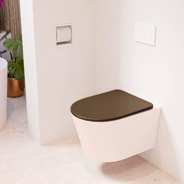 MONDIAZ LAVIE hangend toilet single fire rimless diepspoel Rosee. Toiletzitting met quick-release & softclose Rust.