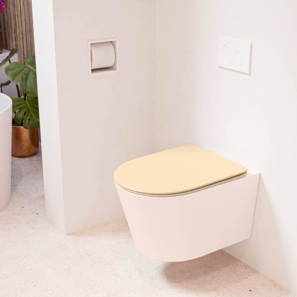 MONDIAZ LAVIE hangend toilet single fire rimless diepspoel Rosee. Toiletzitting met quick-release & softclose Sand.