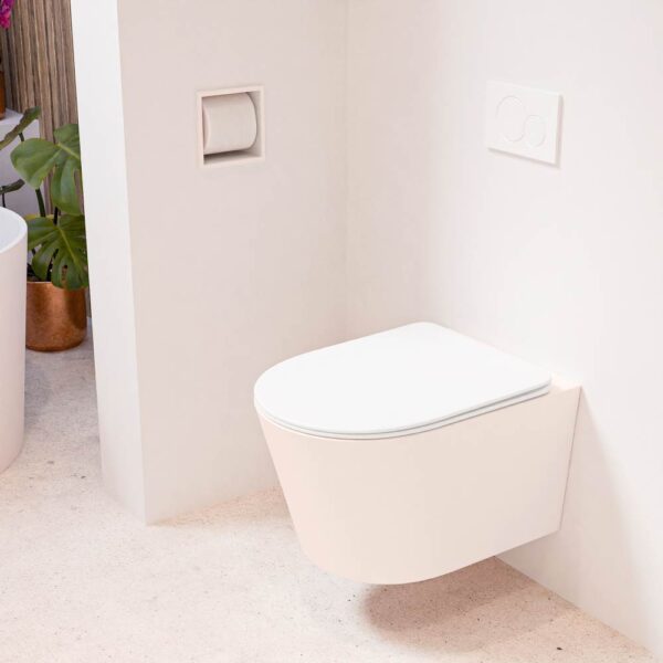 MONDIAZ LAVIE hangend toilet single fire rimless diepspoel Rosee. Toiletzitting met quick-release & softclose Talc.