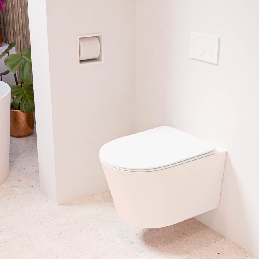 MONDIAZ LAVIE hangend toilet single fire rimless diepspoel Rosee. Toiletzitting met quick-release & softclose Talc.