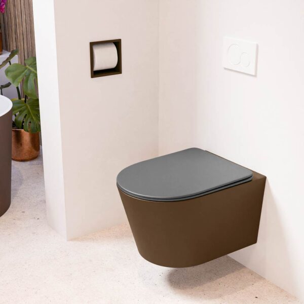 MONDIAZ LAVIE hangend toilet single fire rimless diepspoel Rust. Toiletzitting met quick-release & softclose Dark Grey.