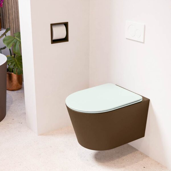 MONDIAZ LAVIE hangend toilet single fire rimless diepspoel Rust. Toiletzitting met quick-release & softclose Greey.