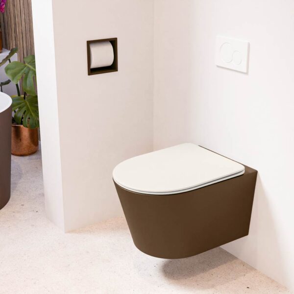 MONDIAZ LAVIE hangend toilet single fire rimless diepspoel Rust. Toiletzitting met quick-release & softclose Linen.