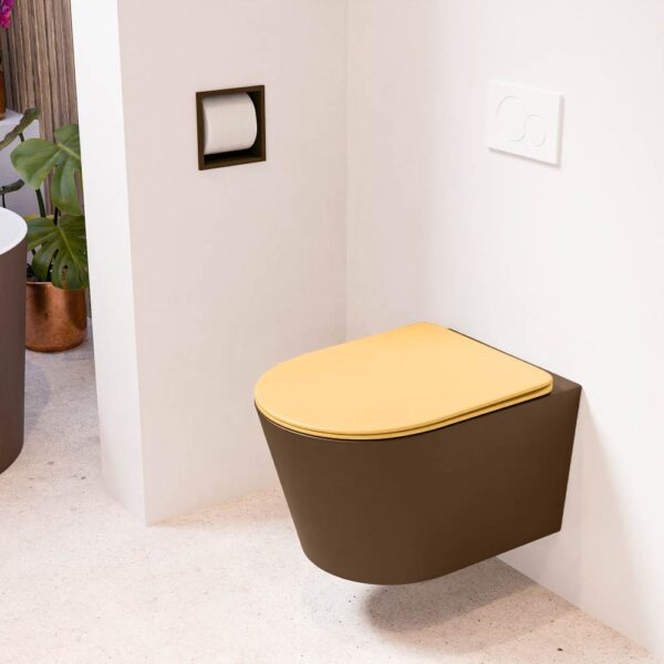 MONDIAZ LAVIE hangend toilet single fire rimless diepspoel Rust. Toiletzitting met quick-release & softclose Ocher.