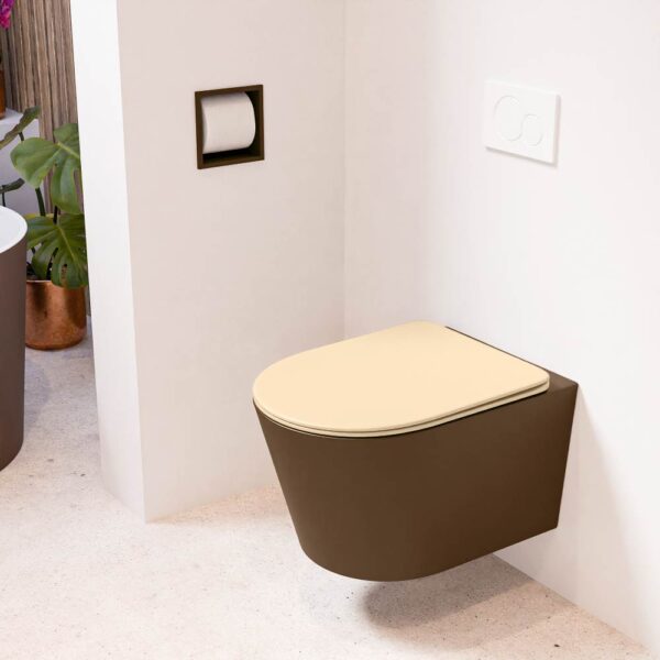 MONDIAZ LAVIE hangend toilet single fire rimless diepspoel Rust. Toiletzitting met quick-release & softclose Sand.