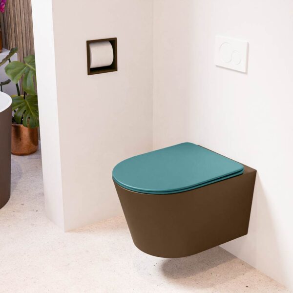 MONDIAZ LAVIE hangend toilet single fire rimless diepspoel Rust. Toiletzitting met quick-release & softclose Smag.