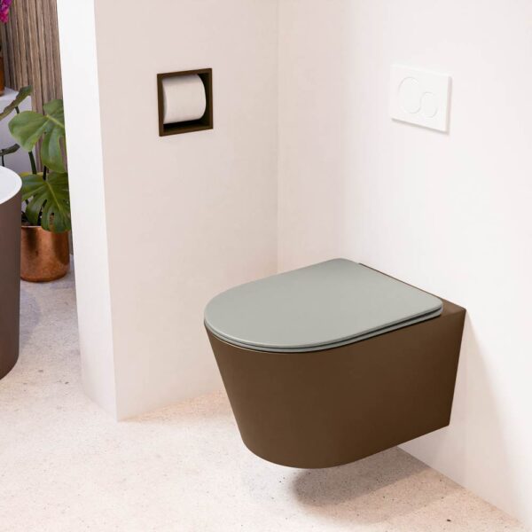 MONDIAZ LAVIE hangend toilet single fire rimless diepspoel Rust. Toiletzitting met quick-release & softclose Smoke.
