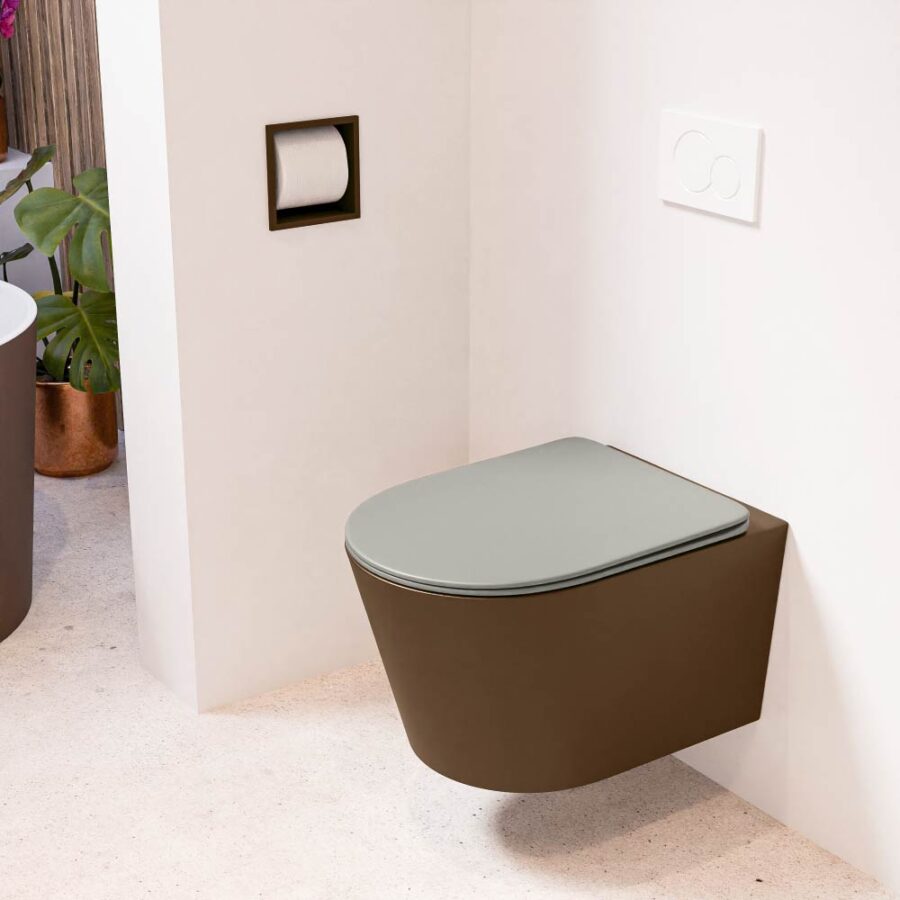 MONDIAZ LAVIE hangend toilet single fire rimless diepspoel Rust. Toiletzitting met quick-release & softclose Smoke.