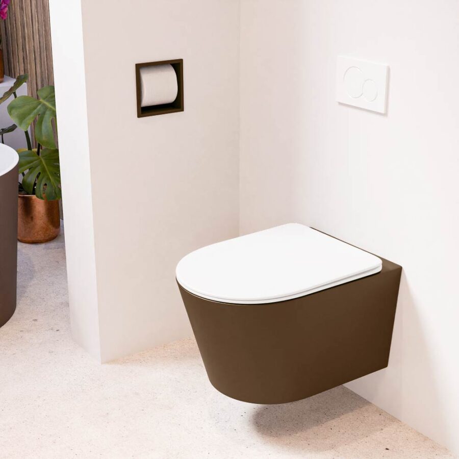MONDIAZ LAVIE hangend toilet single fire rimless diepspoel Rust. Toiletzitting met quick-release & softclose Talc.