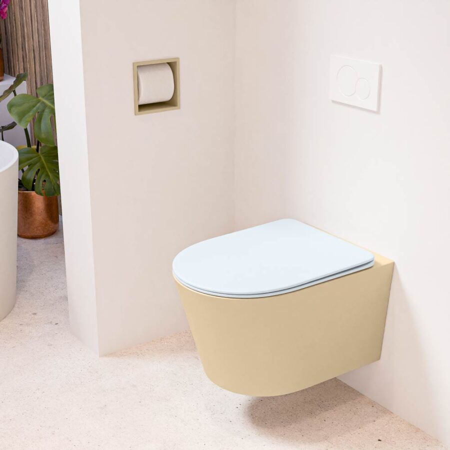 MONDIAZ LAVIE hangend toilet single fire rimless diepspoel Sand. Toiletzitting met quick-release & softclose Clay.