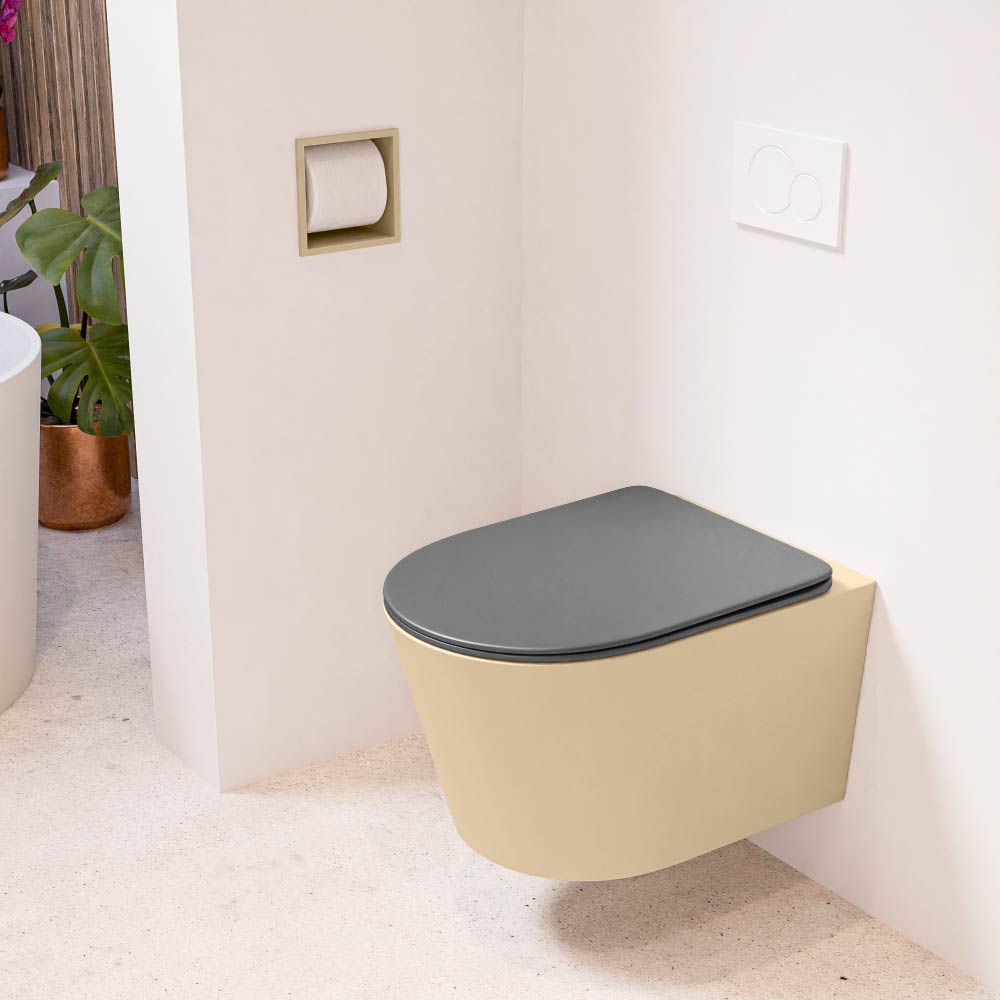 MONDIAZ LAVIE hangend toilet single fire rimless diepspoel Sand. Toiletzitting met quick-release & softclose Dark Grey.