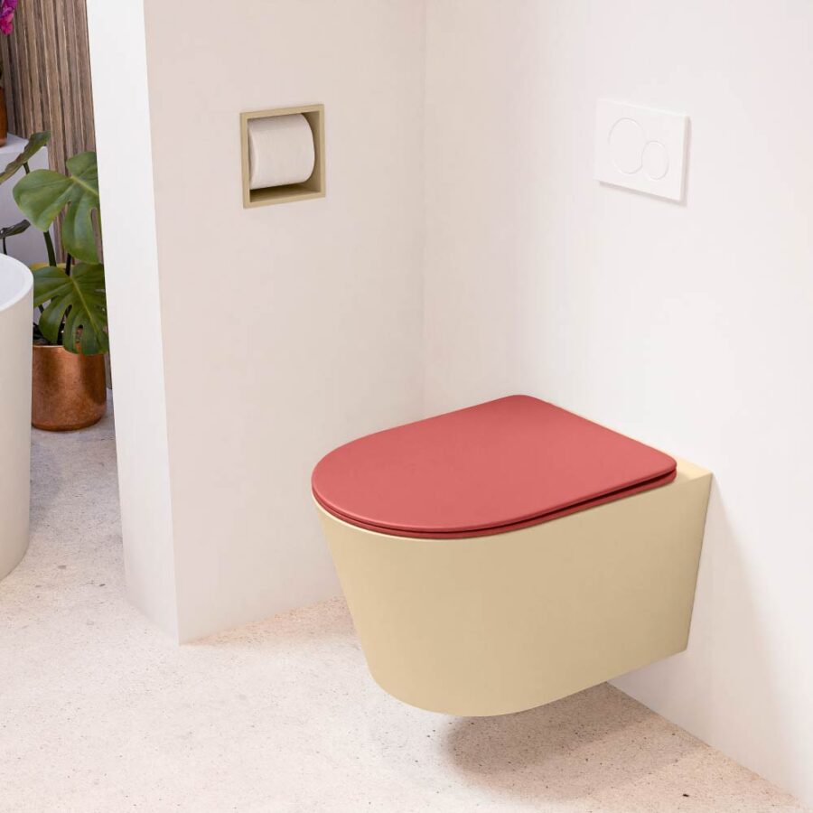 MONDIAZ LAVIE hangend toilet single fire rimless diepspoel Sand. Toiletzitting met quick-release & softclose Fire.