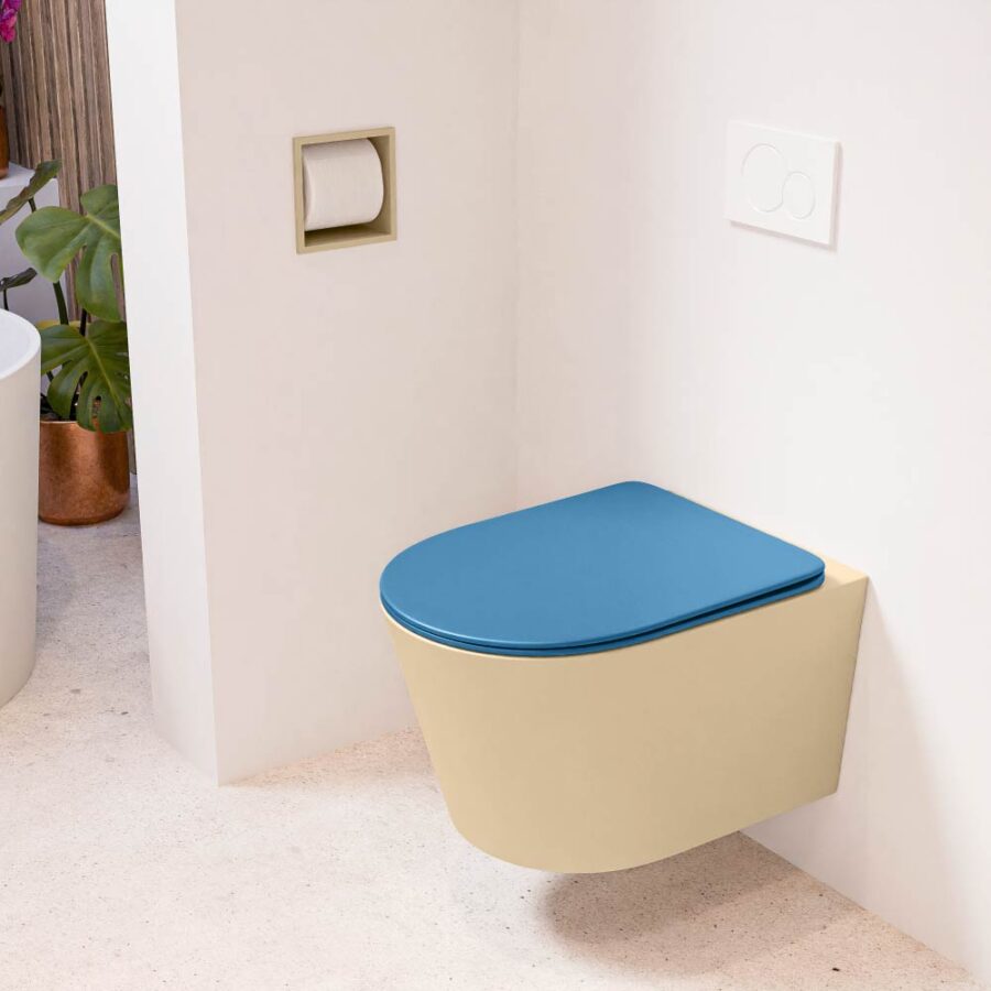 MONDIAZ LAVIE hangend toilet single fire rimless diepspoel Sand. Toiletzitting met quick-release & softclose Jeans.
