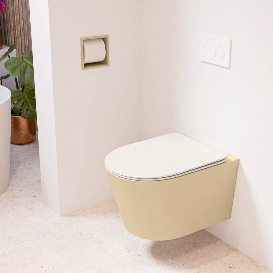 MONDIAZ LAVIE hangend toilet single fire rimless diepspoel Sand. Toiletzitting met quick-release & softclose Linen.