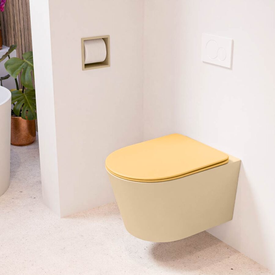 MONDIAZ LAVIE hangend toilet single fire rimless diepspoel Sand. Toiletzitting met quick-release & softclose Ocher.