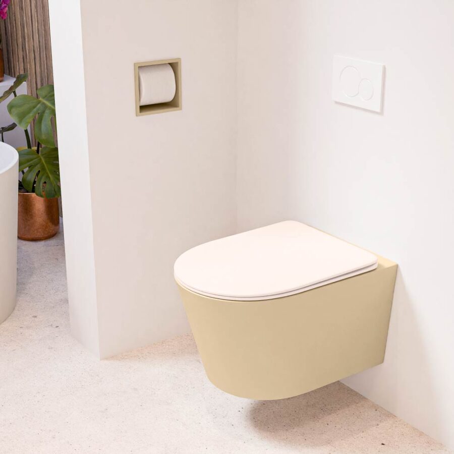 MONDIAZ LAVIE hangend toilet single fire rimless diepspoel Sand. Toiletzitting met quick-release & softclose Rosee.