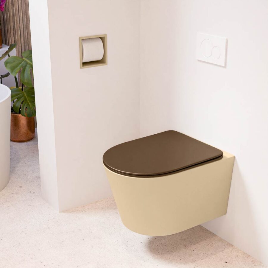 MONDIAZ LAVIE hangend toilet single fire rimless diepspoel Sand. Toiletzitting met quick-release & softclose Rust.