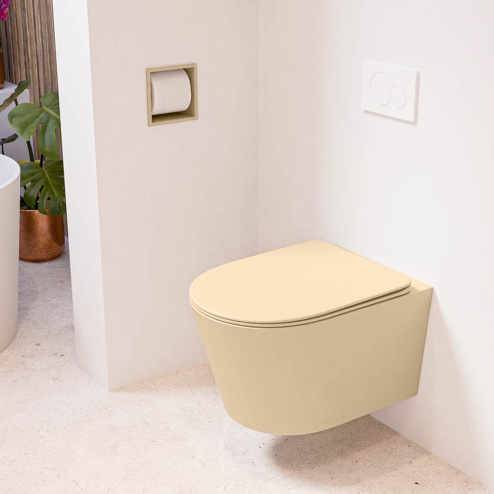 MONDIAZ LAVIE hangend toilet single fire rimless diepspoel Sand. Toiletzitting met quick-release & softclose Sand.